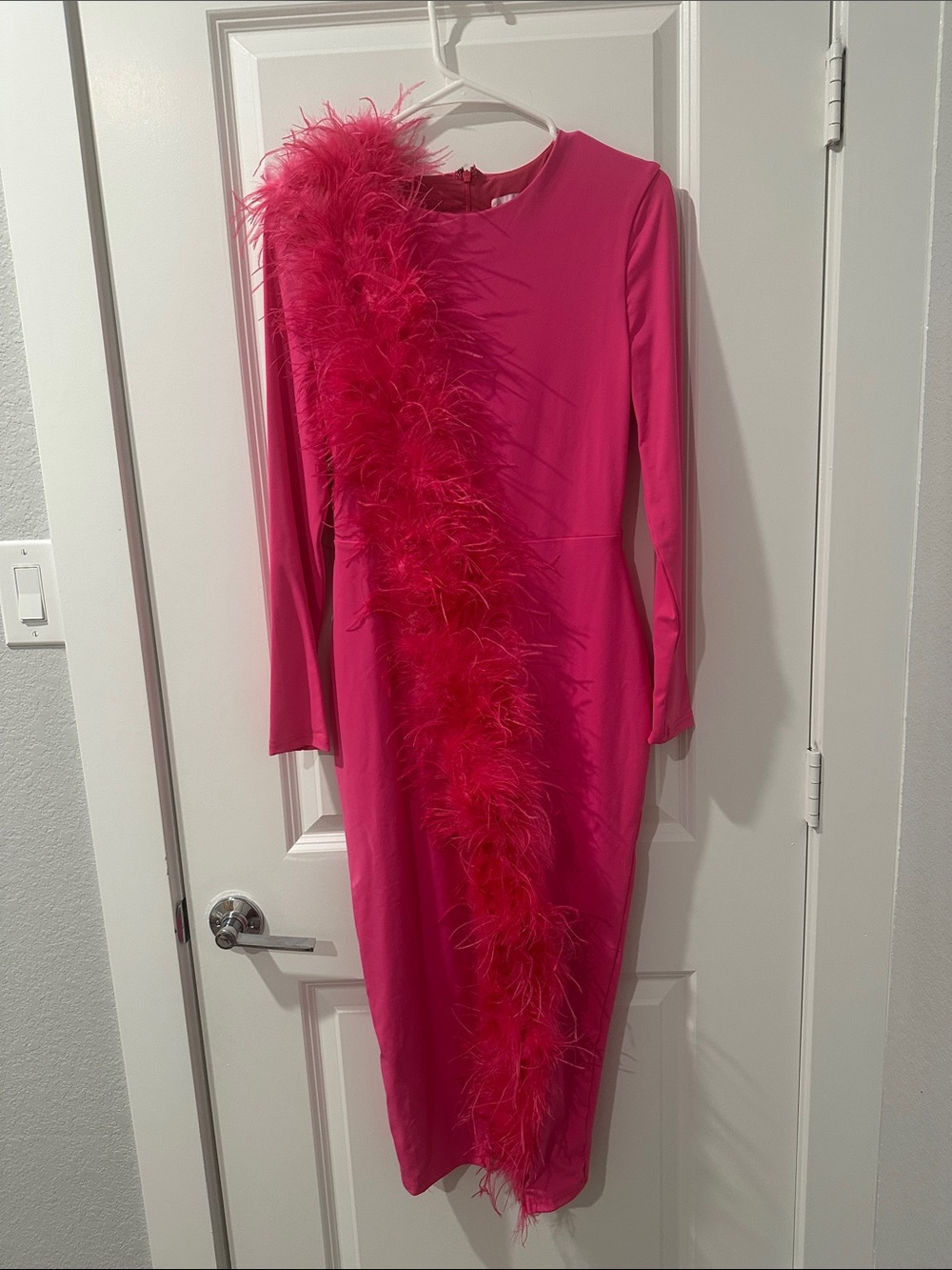 Club L London Hot Pink Feather-Trim Long Sleeve Midi Dress - Picture 4 of 9
